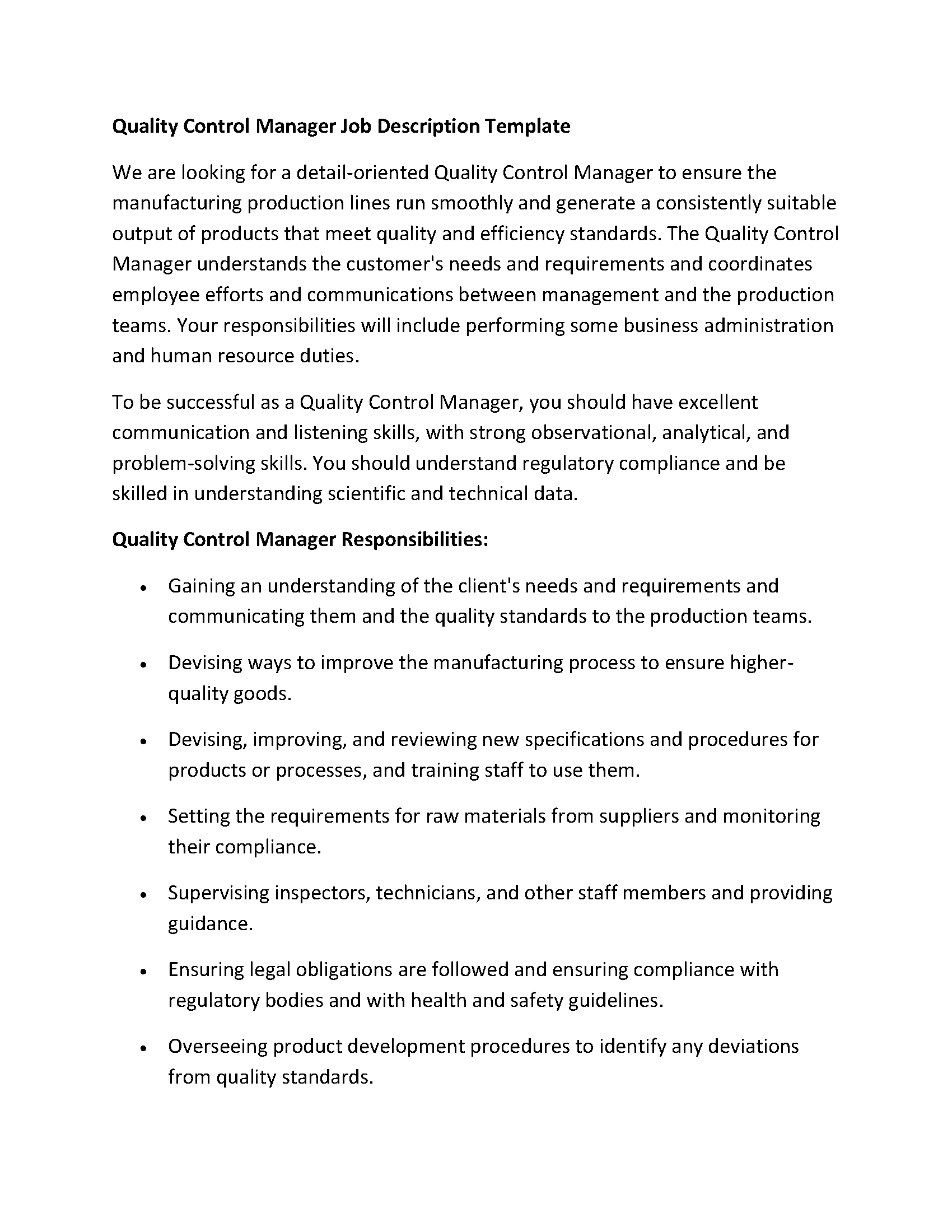 Quality Control Manager Job Description Template